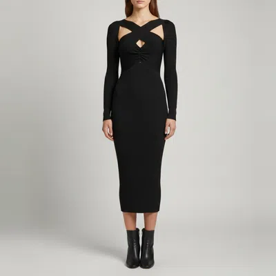 Pre-owned Self-portrait Black Ruched Rib Knit Bodycon Midi Dress S