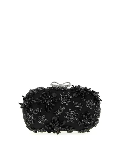 Self-portrait Black Satin Floral Crystal Clutch