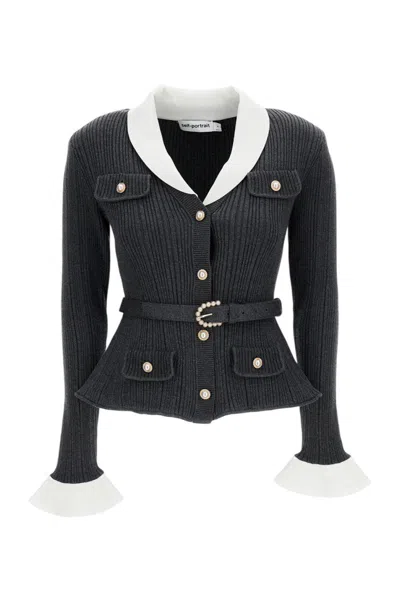 Self-portrait Black Shawl Neck Belted Cardigan In Grey
