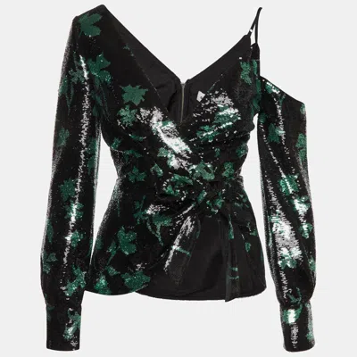Pre-owned Self-portrait Black/green Leaf Sequined Asymmetrical Wrap Top S