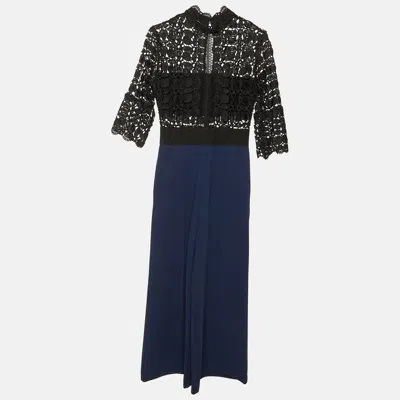 Self-portrait Black/navy Blue Lace & Crepe Jumpsuit