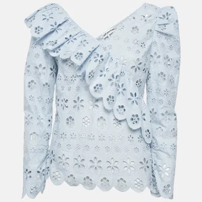 Self-portrait Blue Schiffli Lace Ruffled Broderie Anglaise Top