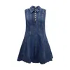 Self-portrait Paneled Broderie Anglaise Denim Mini Dress In Blue