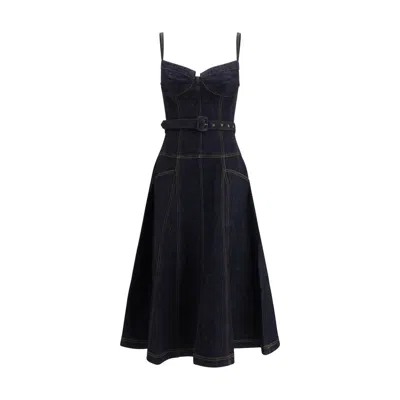 Self-portrait Denim Flared Dark Cotton Midi Dress In Black