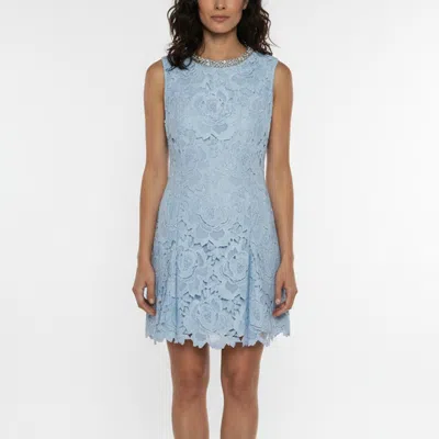 Pre-owned Self-portrait Blue Crystal Embellished Floral Lace Mini Dress M