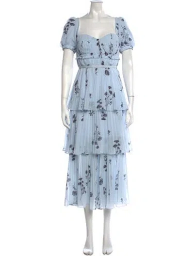 Pre-owned Self-portrait Blue Floral Silhouette Chiffon Tiered Midi Dress Midi Length Dress