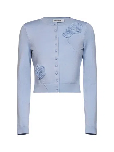 Self-portrait Blue Knit Cardigan With Flowers Detail