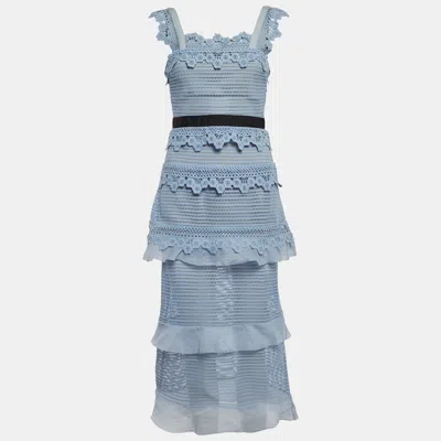 Pre-owned Self-portrait Blue Lace Tiered Midi Dress S