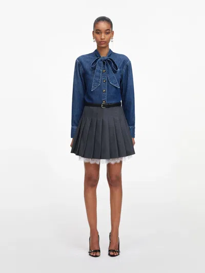 Self-portrait Blue Lyocell Denim Tie Neck Shirt