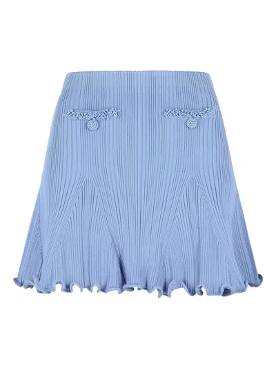 Self-portrait Mini Ribbed Knit Short Skirt With Decorative Buttons In Blue