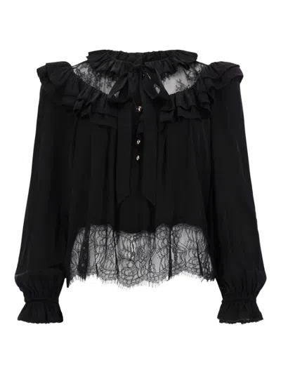 Self-portrait Blue Relaxed Fit Viscose Ruffled Neckline Blouse In Black