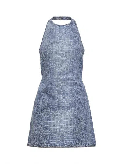 Self-portrait Blue Rhinestone Croc-effect Denim Mini Dress