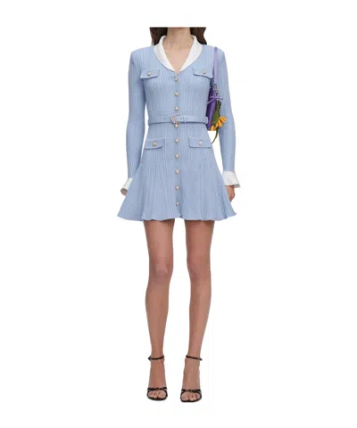 Self-portrait Belted Ribbed-knit Dress In Blue