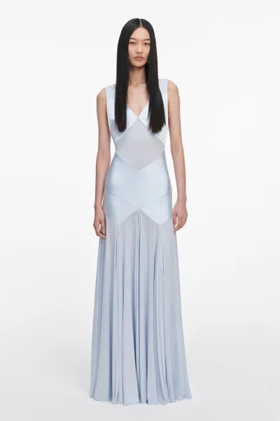 Self-portrait Pleated Paneled Satin And Stretch-jersey Maxi Dress In Blue