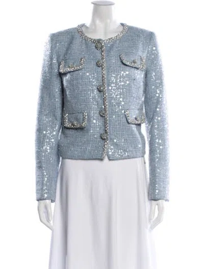 Pre-owned Self-portrait Blue Sequin Boucle Jacket Tweed Pattern Denim Jacket