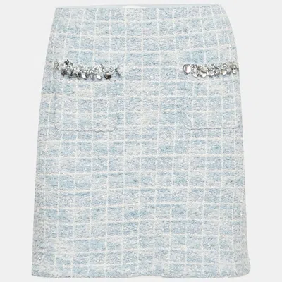 Pre-owned Self-portrait Blue Tweed Boucle Embellished Check Mini Skirt M