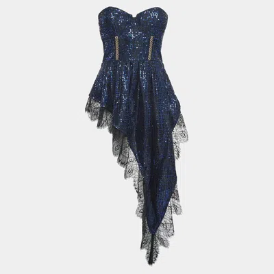 Self-portrait Blue/black Crepe Sequin Lace Trim Top