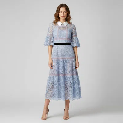 Pre-owned Self-portrait Blue/pink Guipure Lace Cape Sleeve Detail Collared Midi Dress L