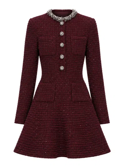 Self-portrait Bordeaux Knitted Mini-dress With Embellishments In Burgundy