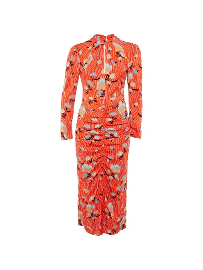 Pre-owned Self-portrait Botanical-print Ruched Dress In Orange