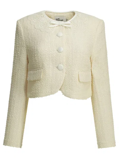 Self-portrait Bouclé Blazer With Lace Details In Neutral