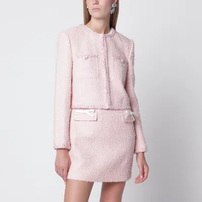 Self-portrait Bouclé Cropped Jacket With Jewel Trim In Pink