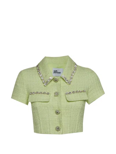 Pre-owned Self-portrait Bouclé Crystal-embellished Cropped Shirt In Green