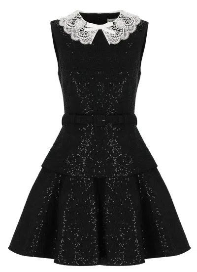 Self-portrait Boucle Dress With All-over Sequins And Lace Details In Black