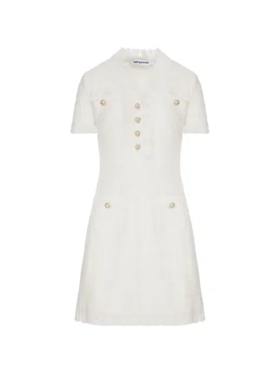 Self-portrait Bouclé Frayed-trim Mini Dress In White