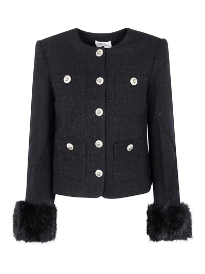 Self-portrait Faux Fur-cuff Buttoned Jacket In Black