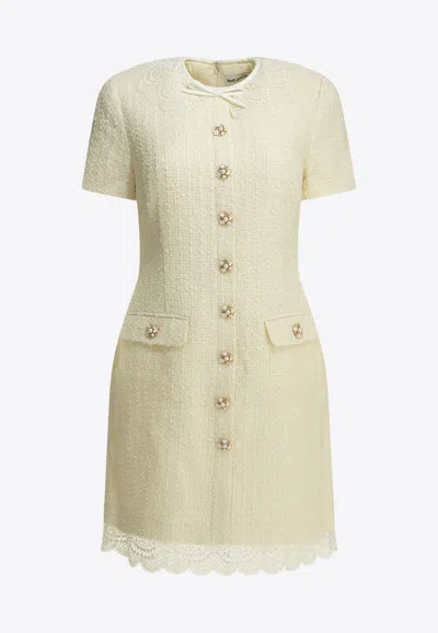 Self-portrait Ivory Boucle Lace Mini Dress With Jewel Button Accents In Neutral
