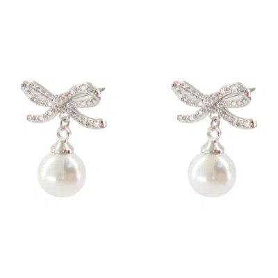 Self-portrait Bow And Pearl Drop Earrings In Metallic