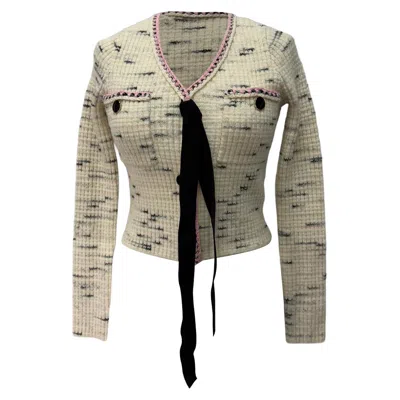 Self-portrait Bow Detail Cardigan In White Cotton In Neutral