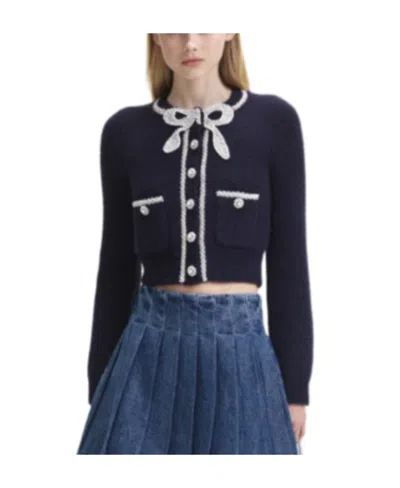 Self-portrait Bow Embellished Knitted Cardigan In Black