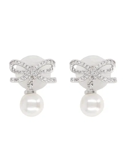 Self-portrait Metallic Earings With Bow Charm And Faux-peal Detail In Brass Woman In Multi