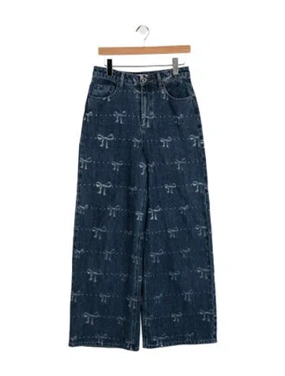 Pre-owned Self-portrait Bow Print Jean Wide Leg Jeans In Blue
