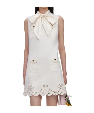 Self-portrait Bow-detail Broderie-anglaise Mini Dress In White