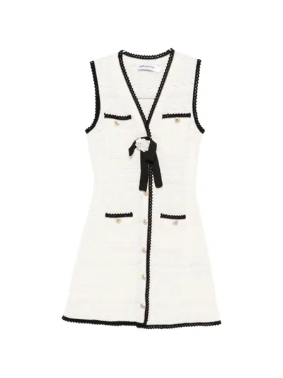 Self-portrait Pointelle Knit Midi Dress With Button Detailing And Bow Pin In Multi