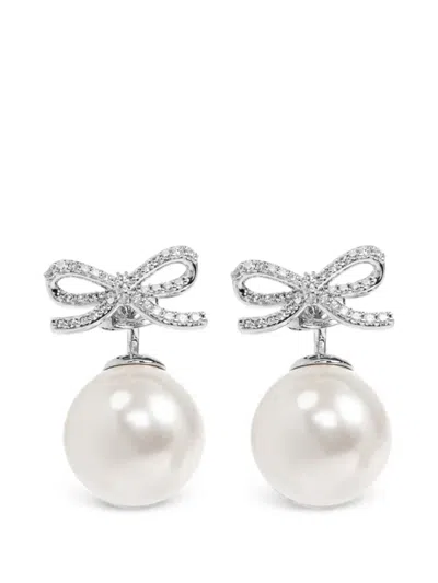 Self-portrait Mini Button Earrings With Crystal-embellished Bow In Silver