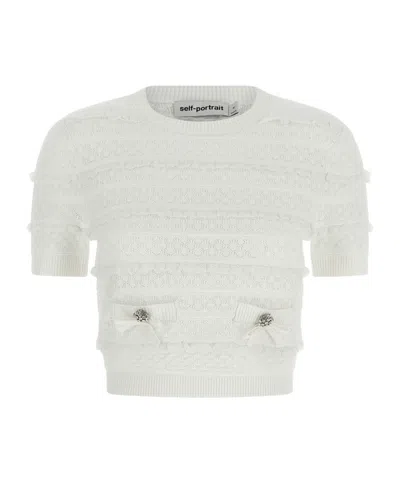 Self-portrait Bow-detail Pointelle Knitted Top In White