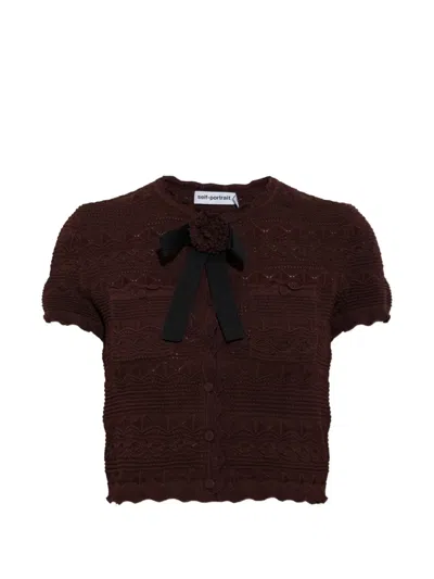 Self-portrait Bow-detail Pointelle-knit Cardigan In Red