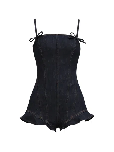 Self-portrait Indigo Denim Bow Playsuit In Black
