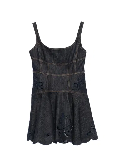 Self-portrait Indigo Denim Bow Embroidered Mini Dress In Blue
