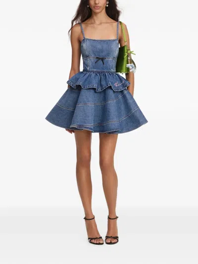 Self-portrait Bow-motif Tiered-skirt Mini Dress In Blue