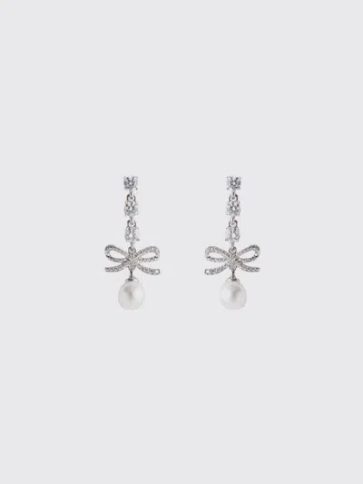 Self-portrait Bow-shaped Pendant Earrings With Crystals And Pearls In Metallic