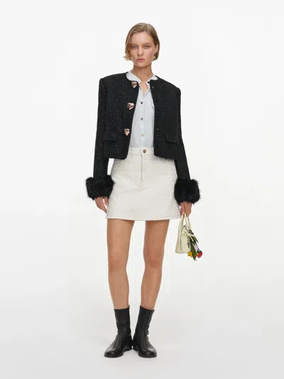 Self-portrait ? Boxy Snap-front Jacket With Detachable Faux Fur Trim And Shoulder Pads (model Wears S In Nero