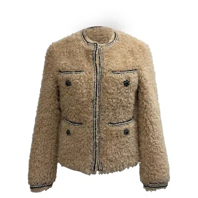 Self-portrait Braided Faux Fur Jacket In Beige Polyester In Brown