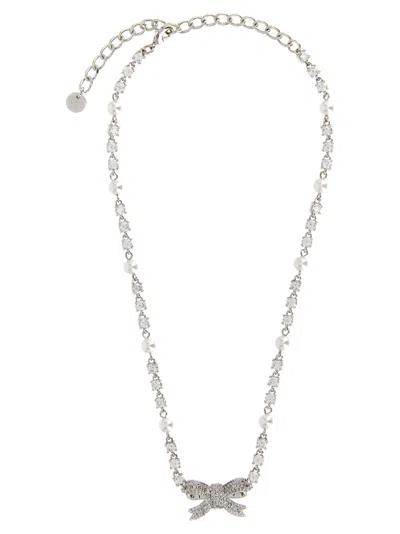 Self-portrait Crystal Pearl Bow Necklace In Silver