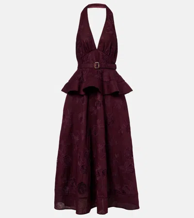 Self-portrait Belted Broderie Anglaise-trimmed Linen And Cotton-blend Peplum Midi Dress In Burgundy