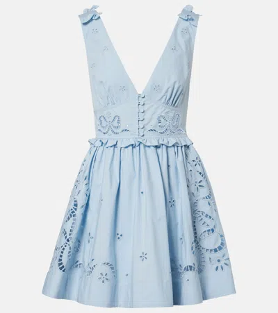 Self-portrait Embroidered Cotton Dress Sleeveless Flared Skirt In Blue